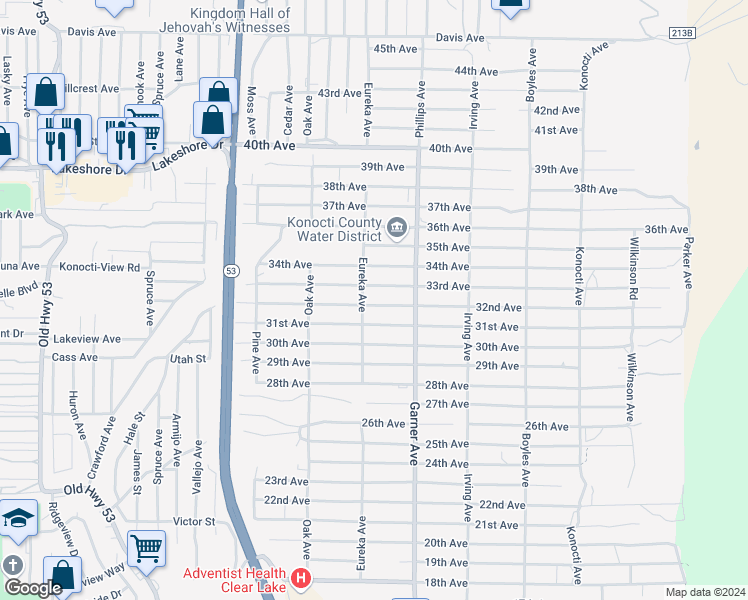 map of restaurants, bars, coffee shops, grocery stores, and more near 15800 32nd Avenue in Clearlake