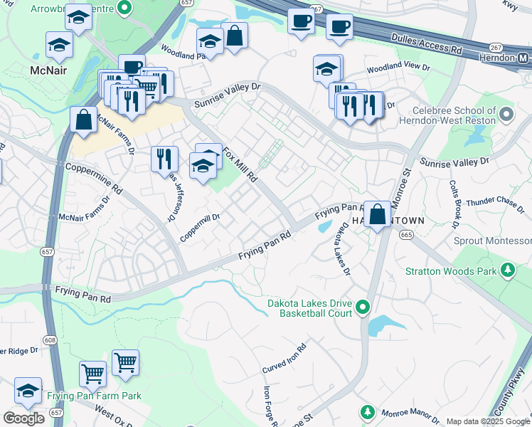 map of restaurants, bars, coffee shops, grocery stores, and more near 2501 Clover Field Circle in Herndon