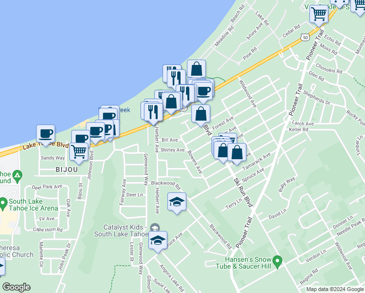 map of restaurants, bars, coffee shops, grocery stores, and more near 3613 Shirley Avenue in South Lake Tahoe