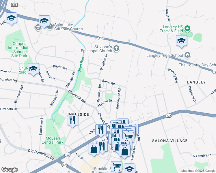 map of restaurants, bars, coffee shops, grocery stores, and more near 1113 Wimbledon Drive in McLean