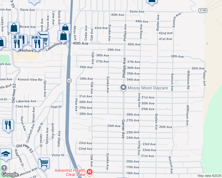 map of restaurants, bars, coffee shops, grocery stores, and more near 15800 32nd Avenue in Clearlake