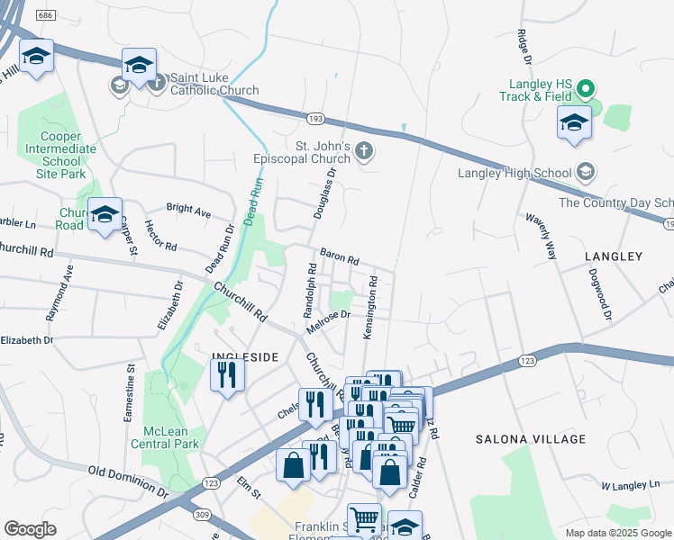 map of restaurants, bars, coffee shops, grocery stores, and more near 1113 Wimbledon Drive in McLean