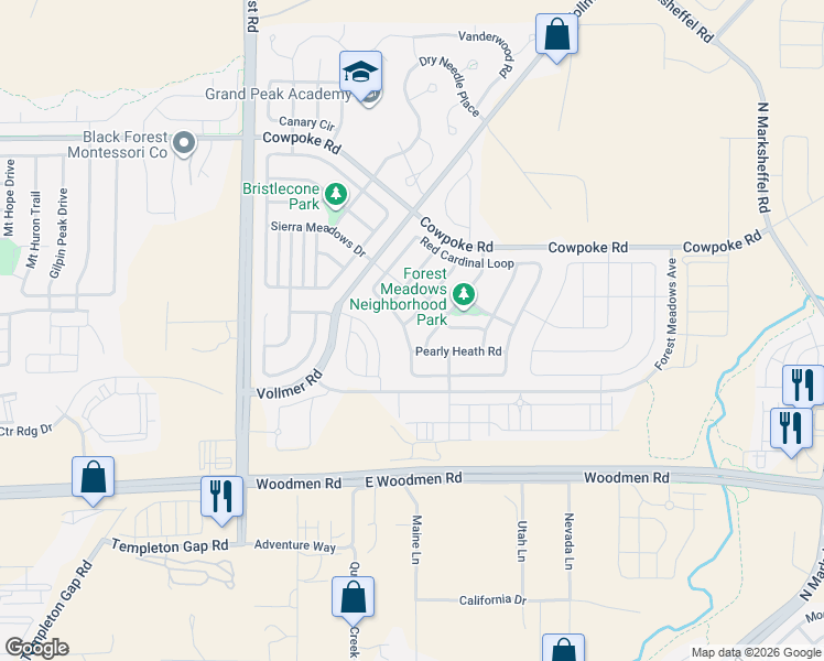 map of restaurants, bars, coffee shops, grocery stores, and more near 7835 Morning Dew Road in Colorado Springs