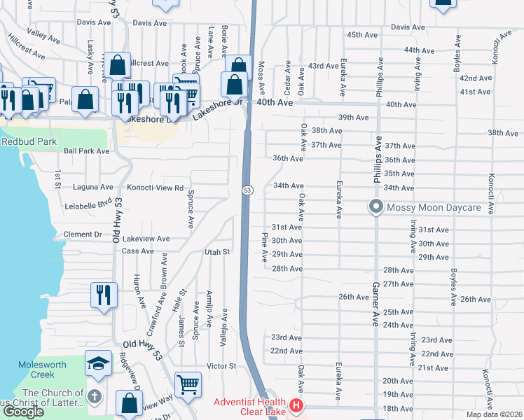 map of restaurants, bars, coffee shops, grocery stores, and more near 15540 32nd Avenue in Clearlake