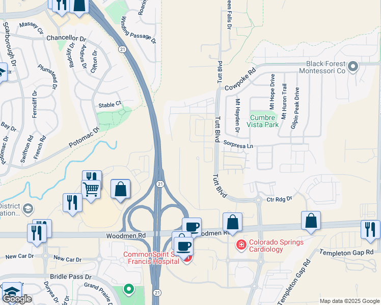 map of restaurants, bars, coffee shops, grocery stores, and more near 7856 Country Ln in Colorado Springs