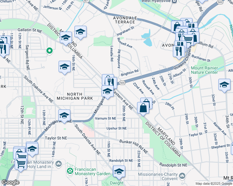 map of restaurants, bars, coffee shops, grocery stores, and more near 4609 Eastern Avenue Northeast in Washington