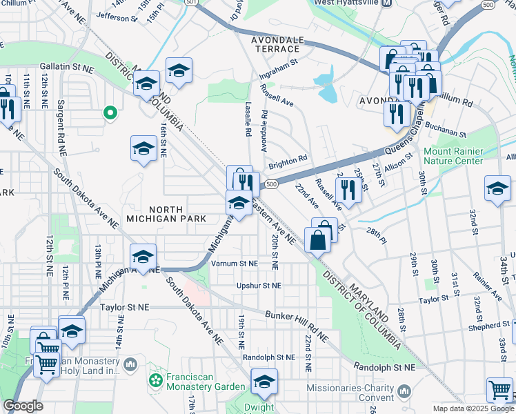 map of restaurants, bars, coffee shops, grocery stores, and more near 4609 Eastern Avenue Northeast in Washington