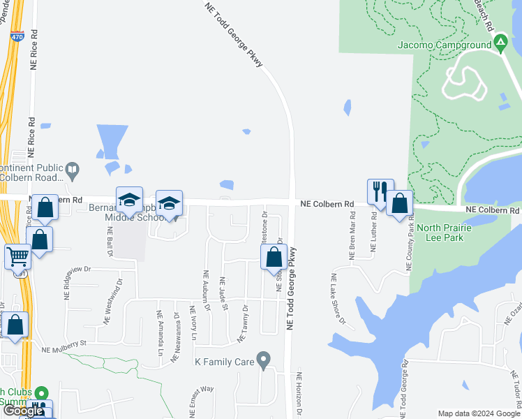 map of restaurants, bars, coffee shops, grocery stores, and more near 1820 Northeast Whitestone Drive in Lee's Summit