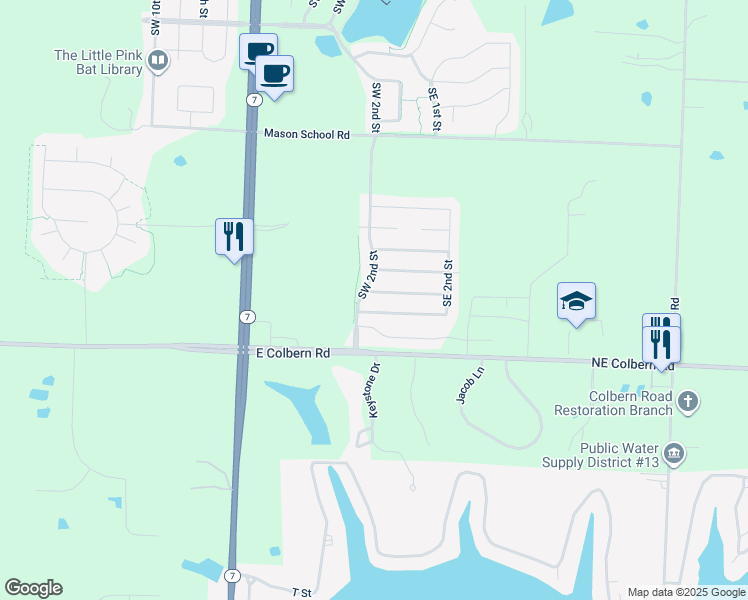 map of restaurants, bars, coffee shops, grocery stores, and more near 9329 Southwest 2nd Street in Blue Springs