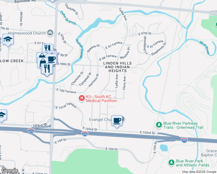 map of restaurants, bars, coffee shops, grocery stores, and more near 10004 Tracy Avenue in Kansas City