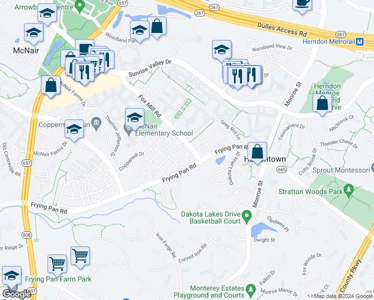 map of restaurants, bars, coffee shops, grocery stores, and more near 2470 Clover Field Circle in Herndon