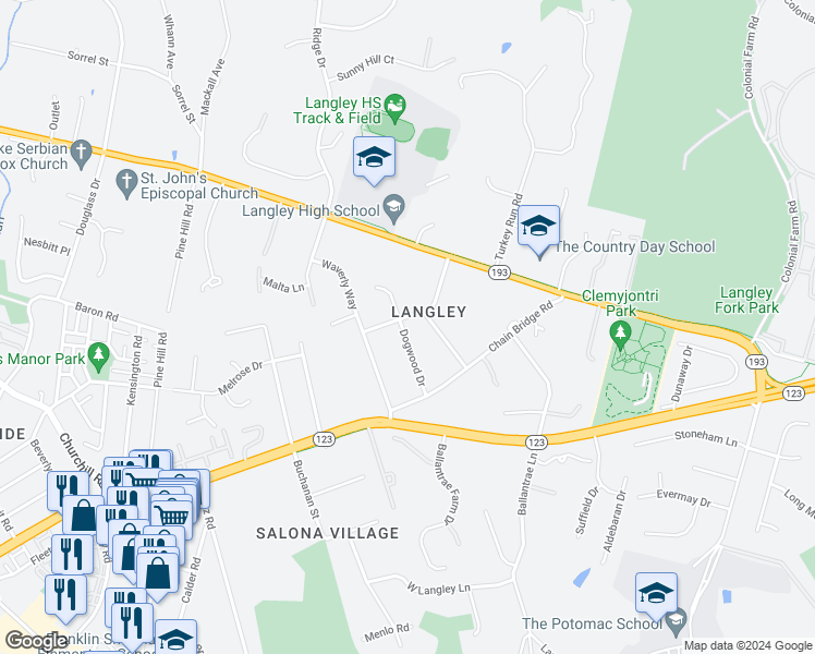 map of restaurants, bars, coffee shops, grocery stores, and more near 6507 Ridge Street in McLean