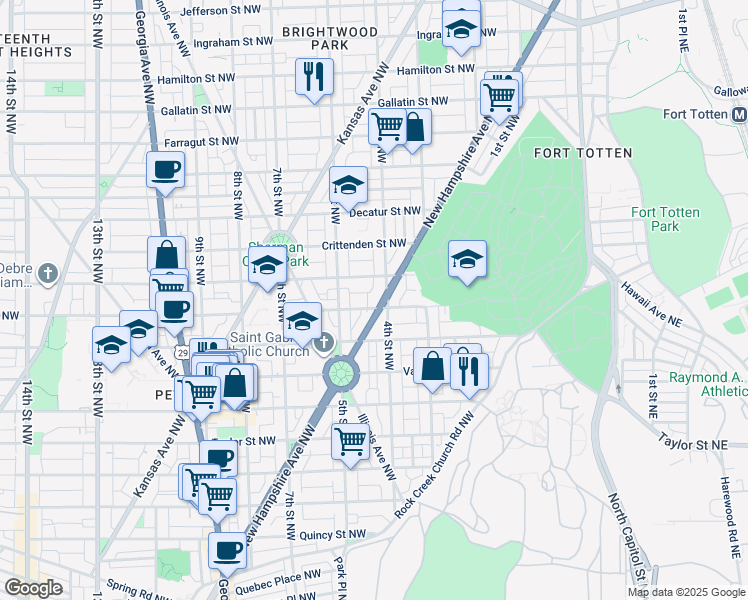 map of restaurants, bars, coffee shops, grocery stores, and more near 4504 New Hampshire Avenue Northwest in Washington