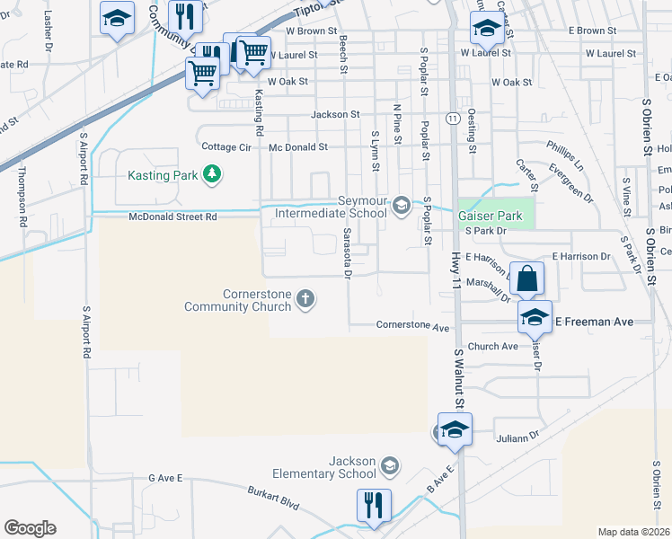 map of restaurants, bars, coffee shops, grocery stores, and more near 841 Freedom Drive in Seymour