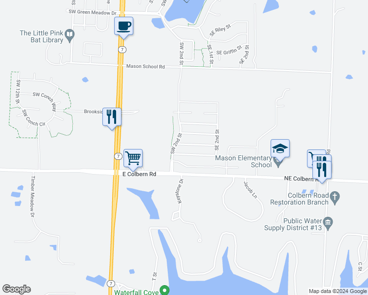 map of restaurants, bars, coffee shops, grocery stores, and more near 126 Southwest Rose Garden Street in Blue Springs