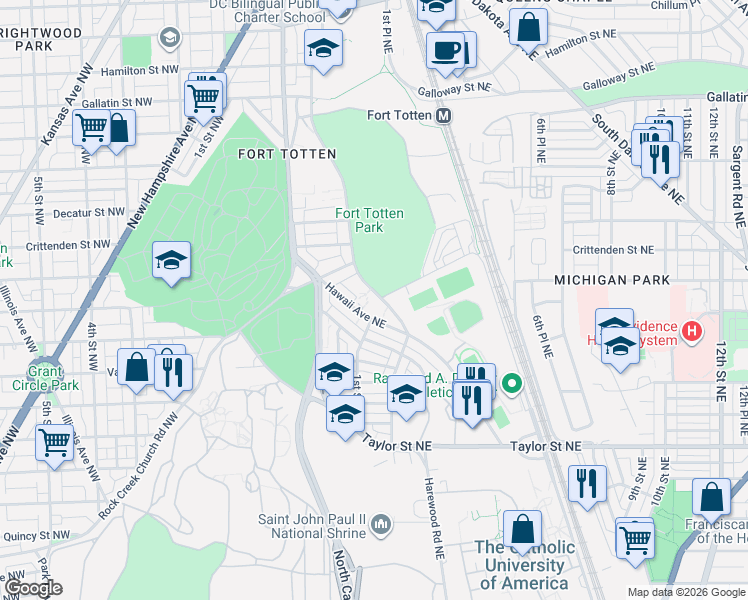 map of restaurants, bars, coffee shops, grocery stores, and more near 4520 Fort Totten Drive Northeast in Washington