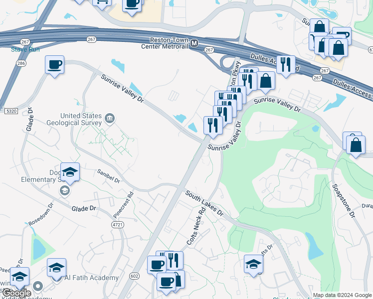 map of restaurants, bars, coffee shops, grocery stores, and more near 12001 Sunrise Valley Drive in Reston