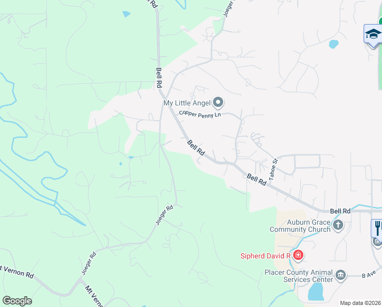 map of restaurants, bars, coffee shops, grocery stores, and more near 3785 Bell Road in Auburn