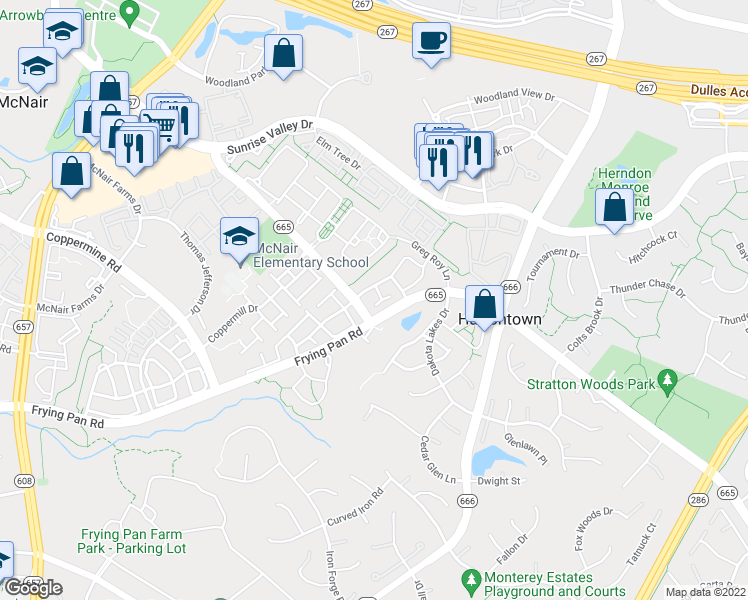 map of restaurants, bars, coffee shops, grocery stores, and more near 2424 Coopers Branch Court in Herndon