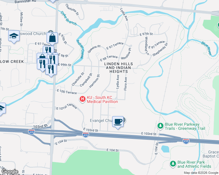 map of restaurants, bars, coffee shops, grocery stores, and more near 10004 Tracy Avenue in Kansas City