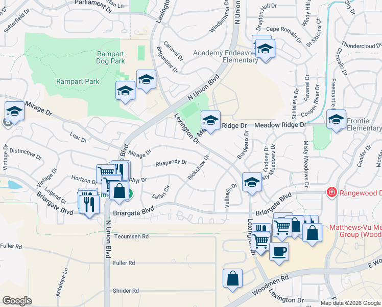 map of restaurants, bars, coffee shops, grocery stores, and more near 3025 Mirage Drive in Colorado Springs