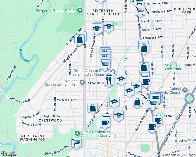 map of restaurants, bars, coffee shops, grocery stores, and more near 4517 15th Street Northwest in Washington
