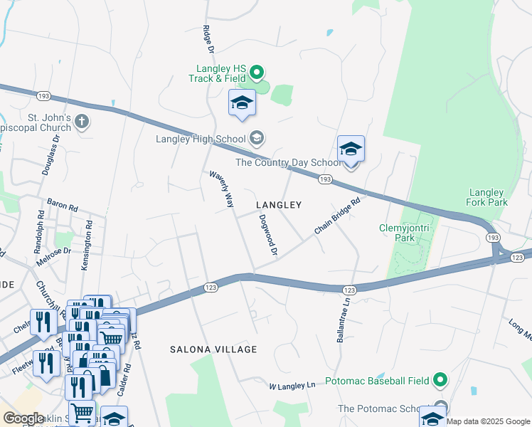 map of restaurants, bars, coffee shops, grocery stores, and more near 6507 Ridge Street in McLean
