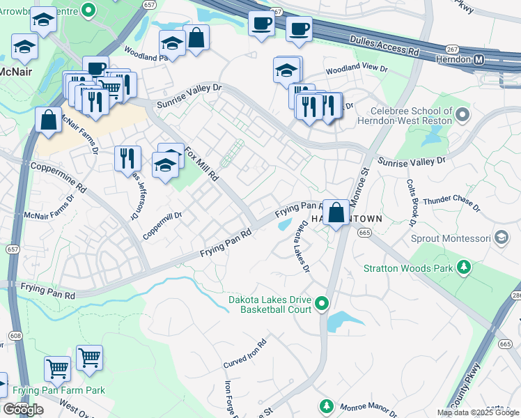 map of restaurants, bars, coffee shops, grocery stores, and more near 2424 Coopers Branch Court in Herndon