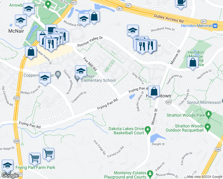 map of restaurants, bars, coffee shops, grocery stores, and more near 2474 Clover Field Circle in Herndon
