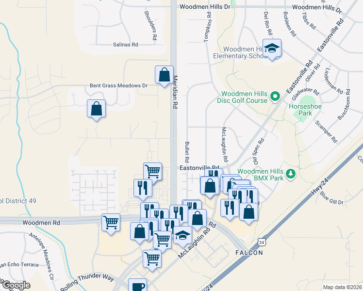 map of restaurants, bars, coffee shops, grocery stores, and more near in Falcon