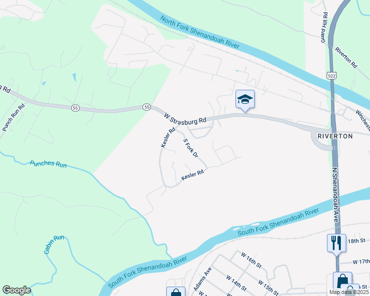 map of restaurants, bars, coffee shops, grocery stores, and more near 1207 South Fork Drive in Front Royal