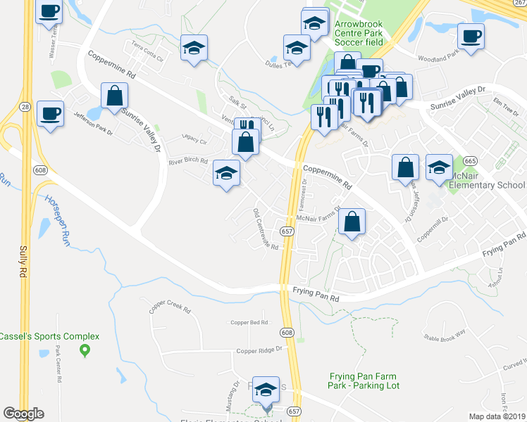 map of restaurants, bars, coffee shops, grocery stores, and more near 2504 Polly Jefferson Way in Herndon