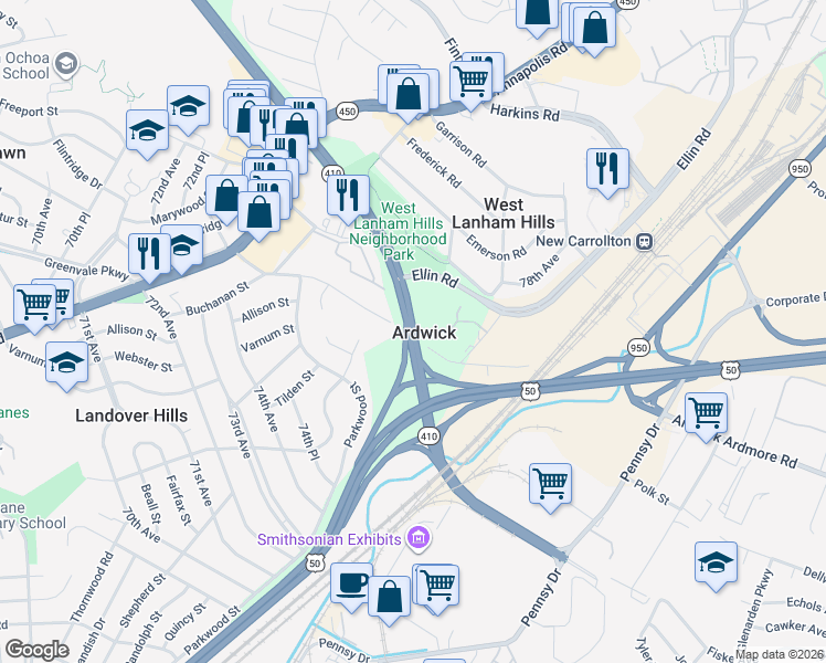 map of restaurants, bars, coffee shops, grocery stores, and more near Veterans Parkway in Hyattsville