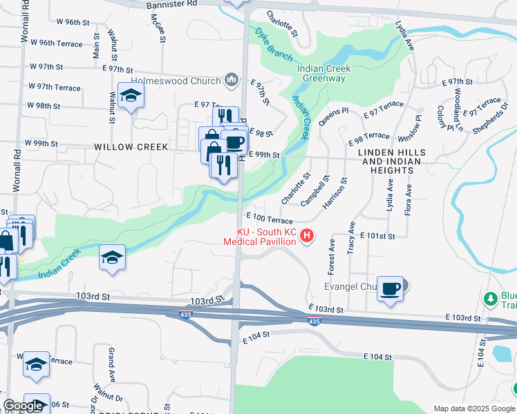 map of restaurants, bars, coffee shops, grocery stores, and more near 808 East 100th Terrace in Kansas City