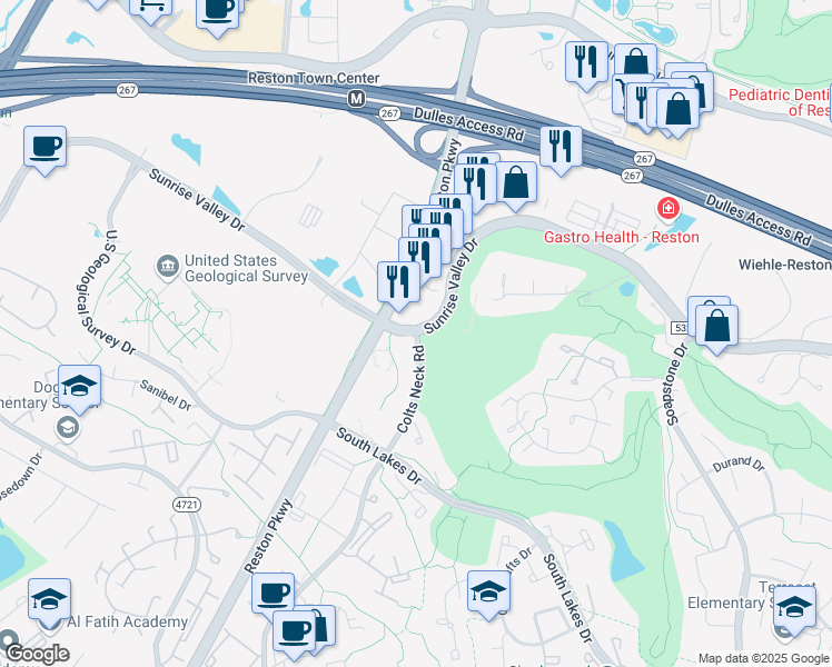 map of restaurants, bars, coffee shops, grocery stores, and more near 12001 Sunrise Valley Drive in Reston