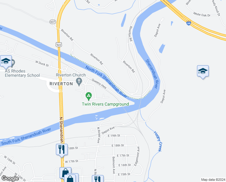 map of restaurants, bars, coffee shops, grocery stores, and more near 1244 Queens Highway in Front Royal