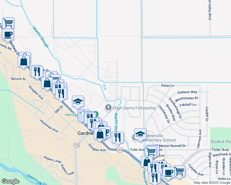 map of restaurants, bars, coffee shops, grocery stores, and more near 1472 Slaughterhouse Lane in Gardnerville