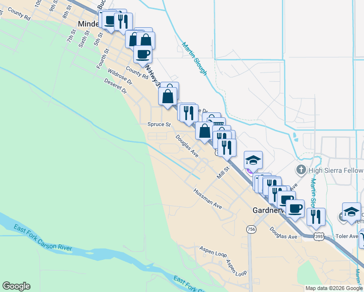map of restaurants, bars, coffee shops, grocery stores, and more near 1524 North Court in Gardnerville