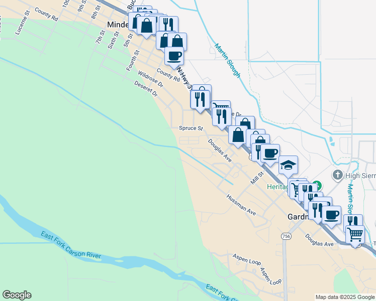 map of restaurants, bars, coffee shops, grocery stores, and more near 1183 Town House Circle in Gardnerville