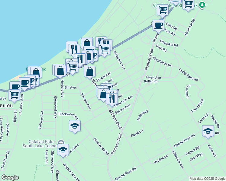 map of restaurants, bars, coffee shops, grocery stores, and more near 3692 Aspen Avenue in South Lake Tahoe