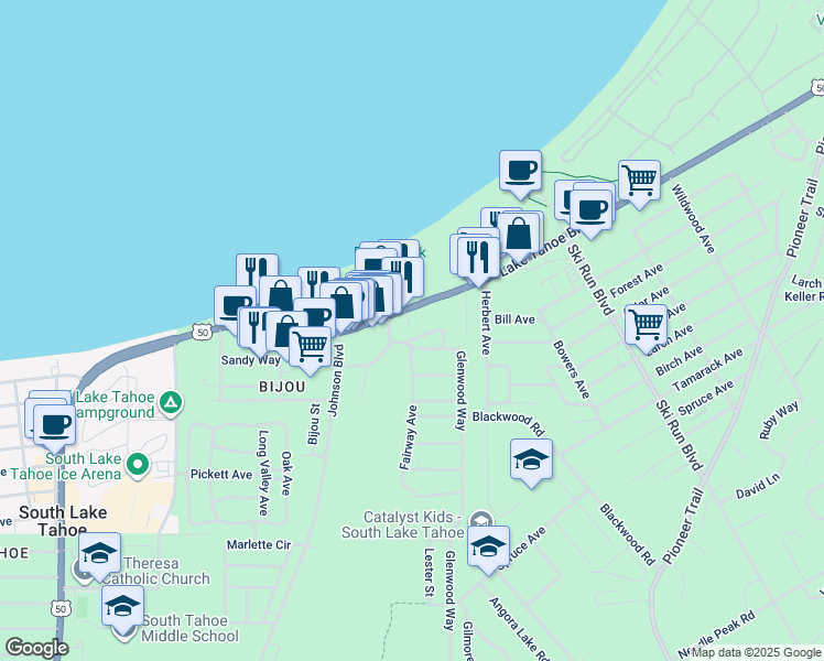 map of restaurants, bars, coffee shops, grocery stores, and more near 3490 Lake Tahoe Boulevard in South Lake Tahoe