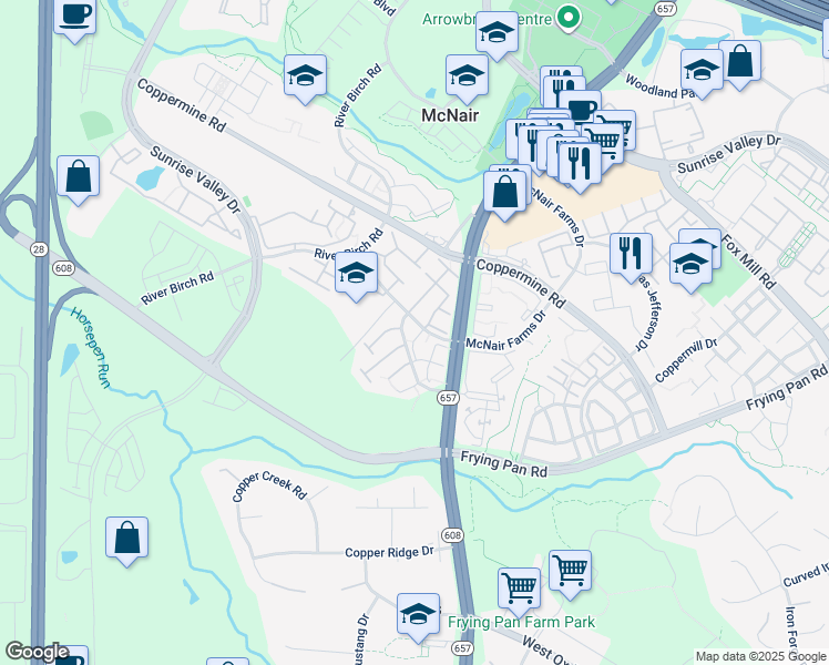 map of restaurants, bars, coffee shops, grocery stores, and more near 2504 Polly Jefferson Way in Herndon
