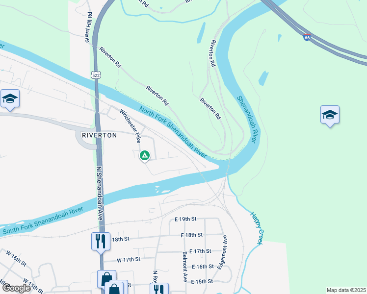 map of restaurants, bars, coffee shops, grocery stores, and more near 1244 Queens Highway in Front Royal