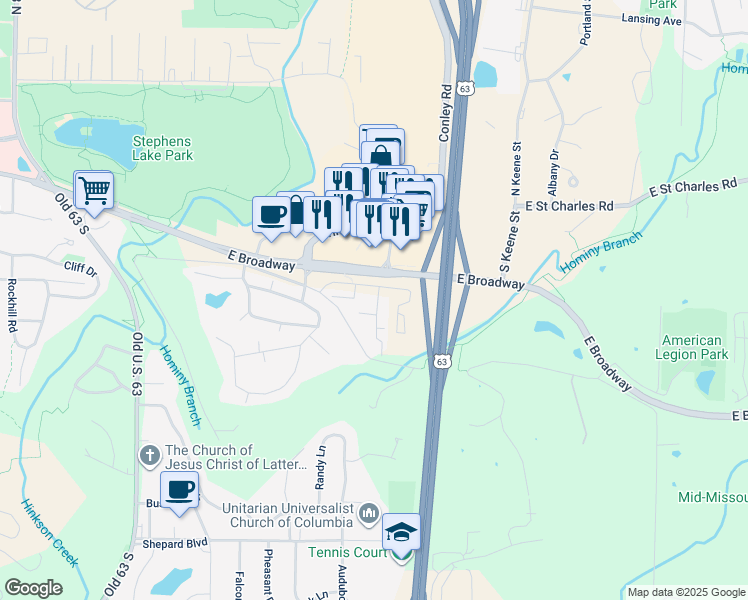map of restaurants, bars, coffee shops, grocery stores, and more near 500 Columbia Drive in Columbia