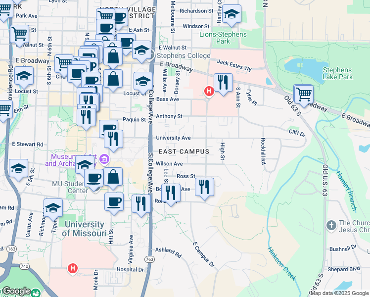 map of restaurants, bars, coffee shops, grocery stores, and more near 1410 University Avenue in Columbia