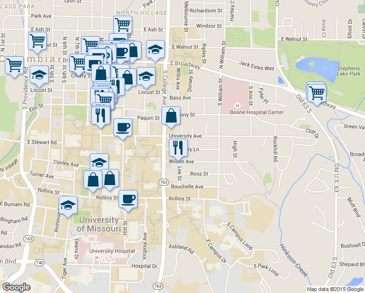 map of restaurants, bars, coffee shops, grocery stores, and more near 1316 University Avenue in Columbia