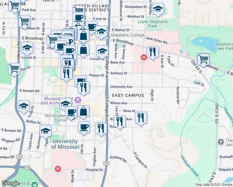 map of restaurants, bars, coffee shops, grocery stores, and more near 1316 University Avenue in Columbia
