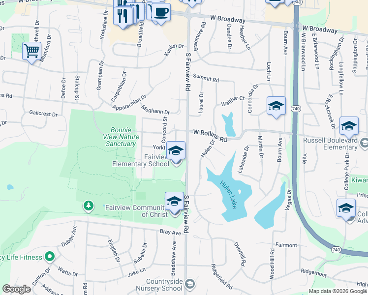 map of restaurants, bars, coffee shops, grocery stores, and more near 806 South Fairview Road in Columbia