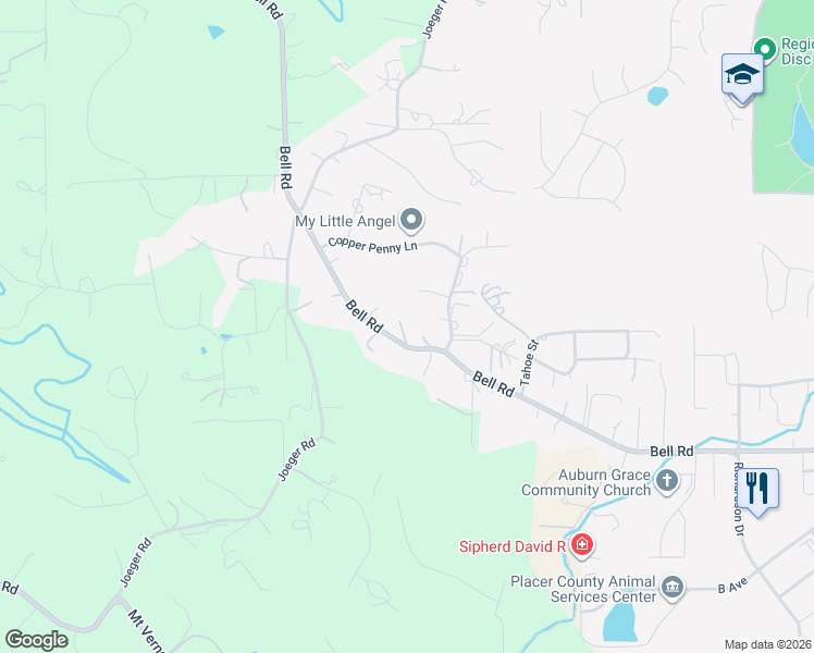 map of restaurants, bars, coffee shops, grocery stores, and more near 3720 Bell Road in Auburn