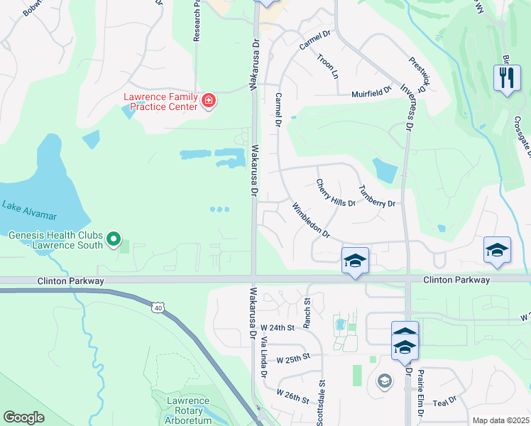 map of restaurants, bars, coffee shops, grocery stores, and more near 2100 Saddlebrook Drive in Lawrence